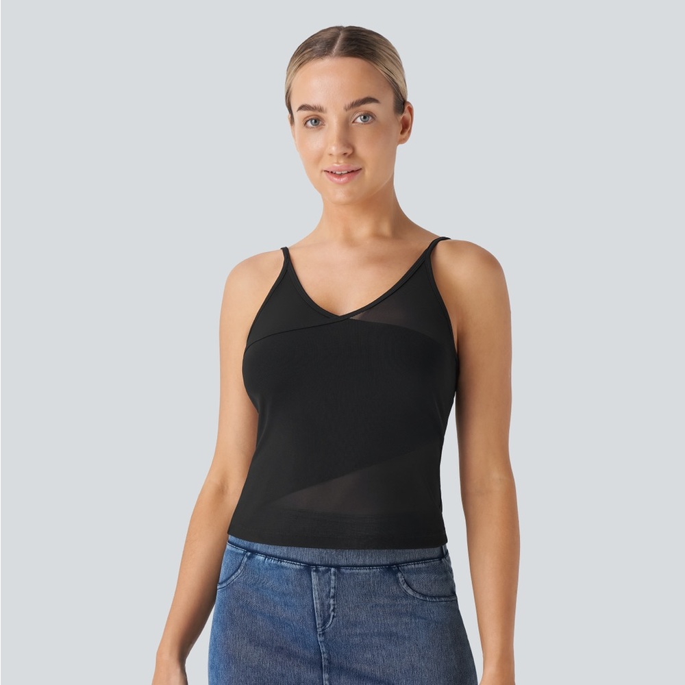 NWOT Halara Women's V Neck Backless Contrast Mesh Skinny Casual Cami Top workout